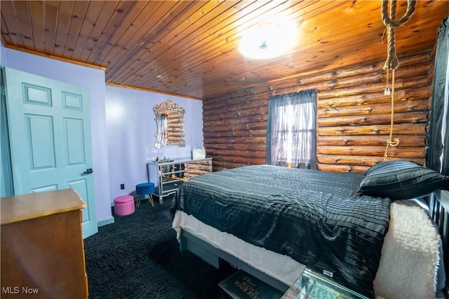 bedroom featuring rustic walls, baseboards, wooden ceiling, ornamental molding, and carpet flooring