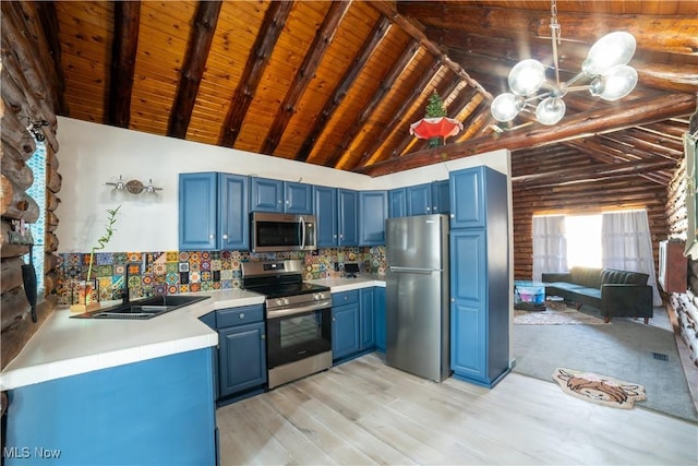 kitchen featuring a chandelier, wooden ceiling, light countertops, appliances with stainless steel finishes, and blue cabinetry