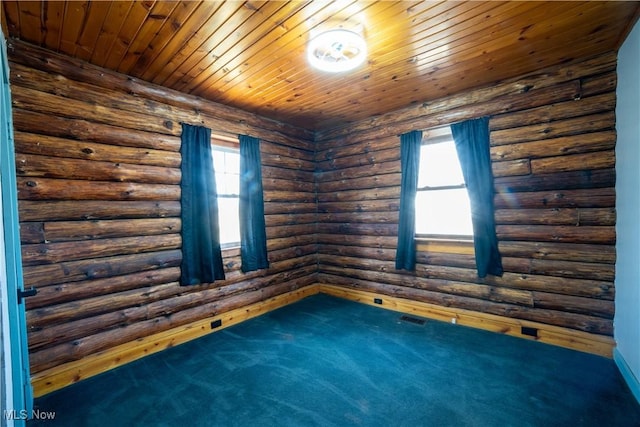 spare room with wood ceiling, plenty of natural light, visible vents, and dark carpet