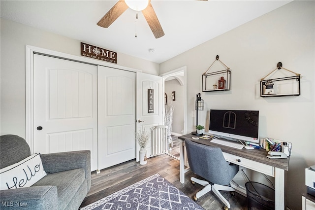 home office featuring dark hardwood / wood-style floors and ceiling fan