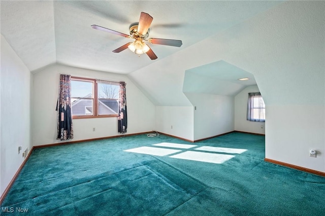 additional living space featuring vaulted ceiling, a textured ceiling, and carpet