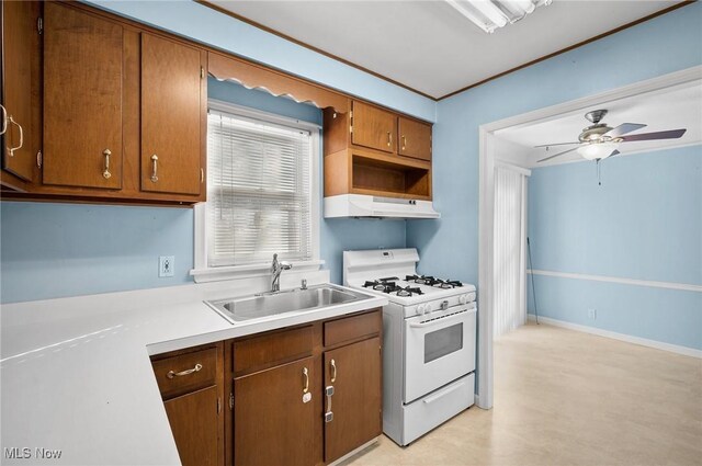 kitchen with crown molding, ceiling fan, sink, and white gas stove