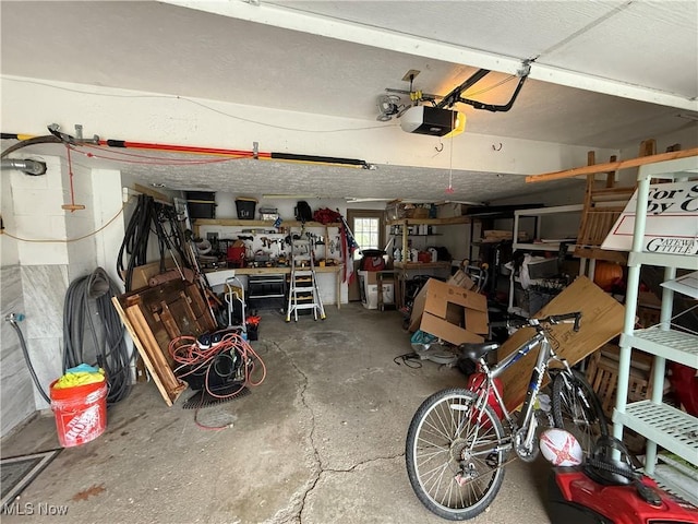 garage with a garage door opener and a workshop area