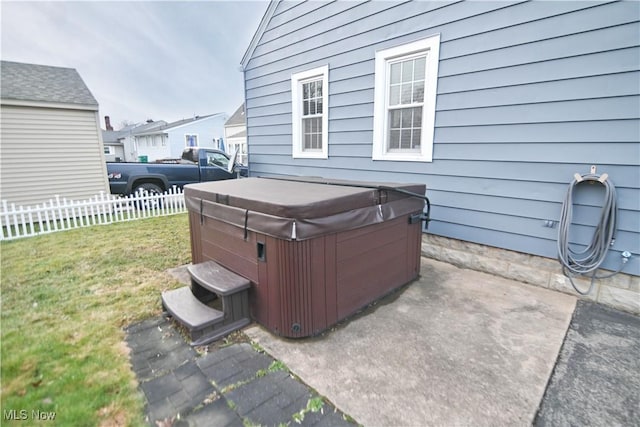 view of patio with a hot tub