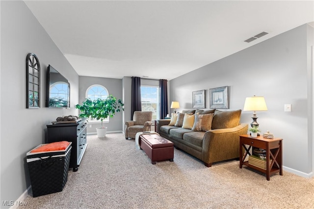 living room featuring light colored carpet