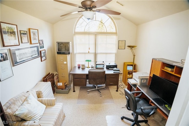 home office with vaulted ceiling and ceiling fan