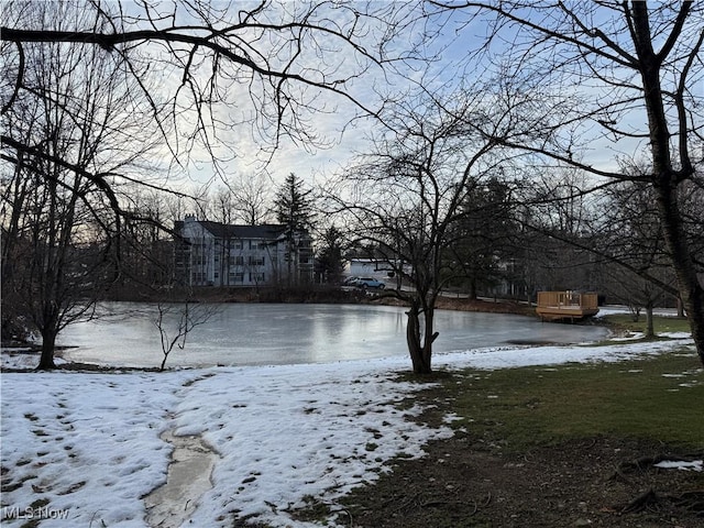 yard covered in snow with a water view