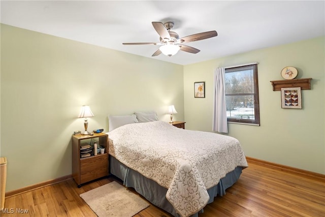 bedroom with ceiling fan and light hardwood / wood-style flooring