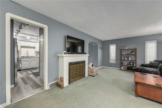 living room with sink, light colored carpet, track lighting, and a fireplace