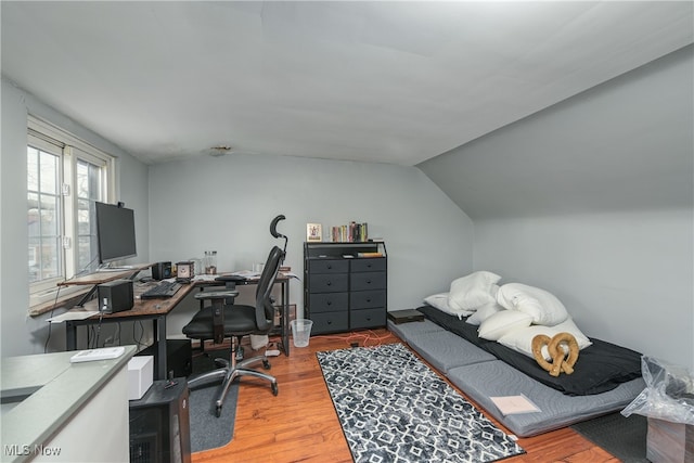 office featuring lofted ceiling and hardwood / wood-style floors