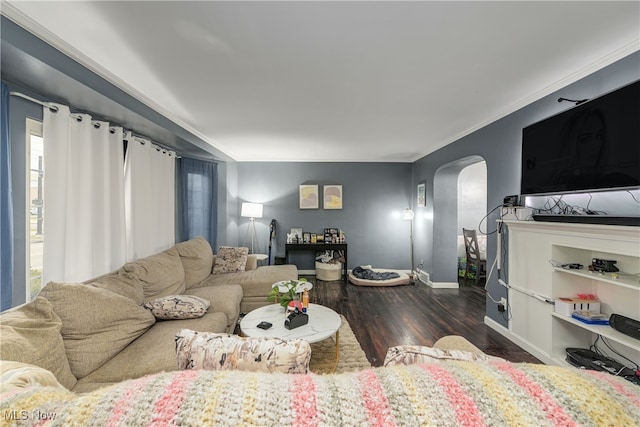 living room with dark hardwood / wood-style flooring