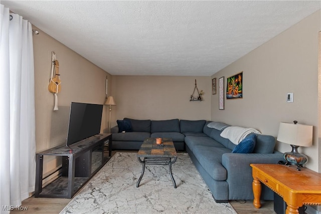 living area with light wood-type flooring and a textured ceiling