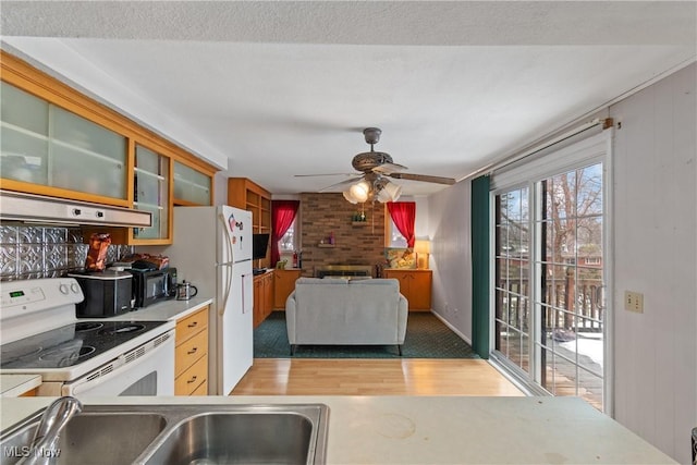 kitchen featuring glass insert cabinets, dark wood-type flooring, ceiling fan, white appliances, and under cabinet range hood