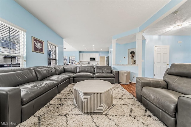 living room featuring hardwood / wood-style floors and decorative columns