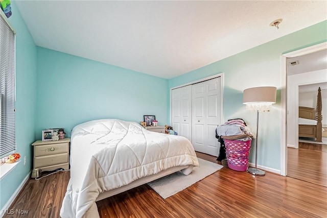 bedroom featuring wood-type flooring and a closet