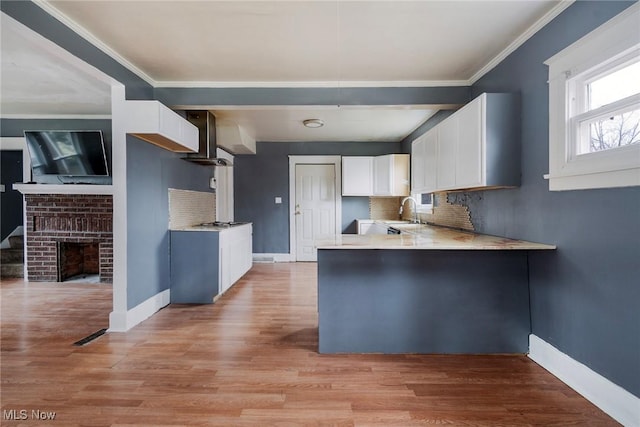 kitchen featuring backsplash, white cabinets, light hardwood / wood-style floors, and kitchen peninsula