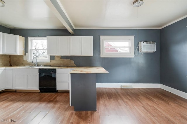 kitchen with white cabinetry, sink, backsplash, and light hardwood / wood-style flooring