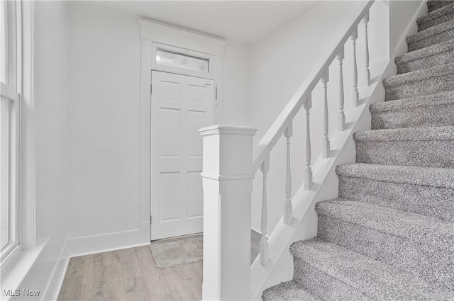 staircase with hardwood / wood-style flooring