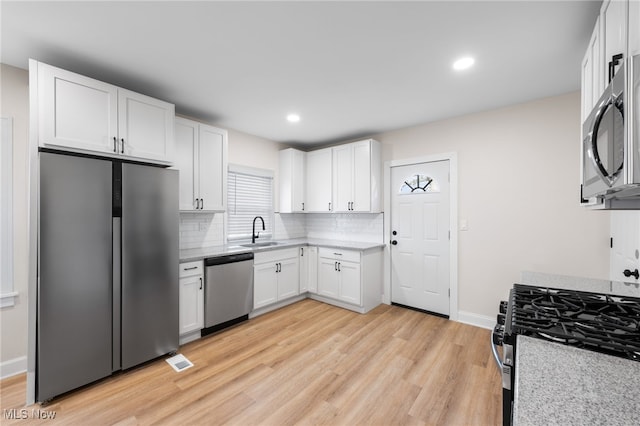 kitchen featuring white cabinetry, sink, backsplash, stainless steel appliances, and light hardwood / wood-style flooring