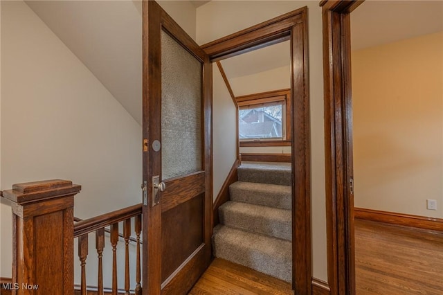 staircase featuring hardwood / wood-style flooring