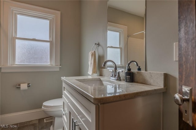 bathroom featuring tile patterned floors, vanity, and toilet