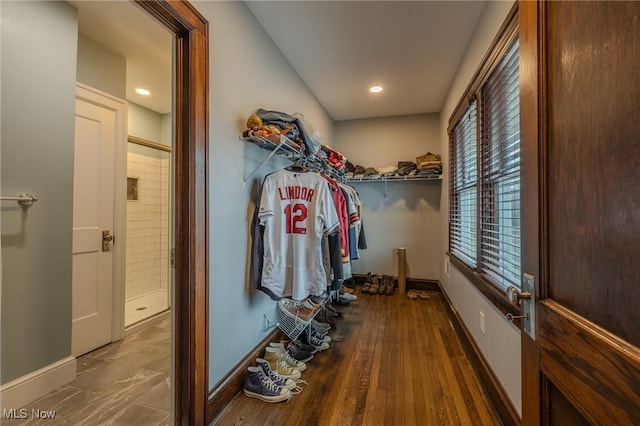 spacious closet with dark hardwood / wood-style flooring