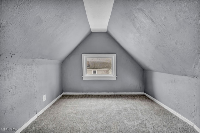 additional living space with lofted ceiling, a textured ceiling, and carpet flooring