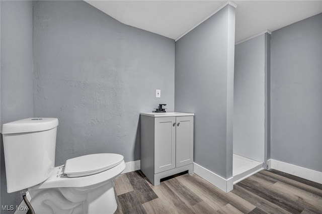 bathroom featuring vanity, hardwood / wood-style flooring, a shower, and toilet