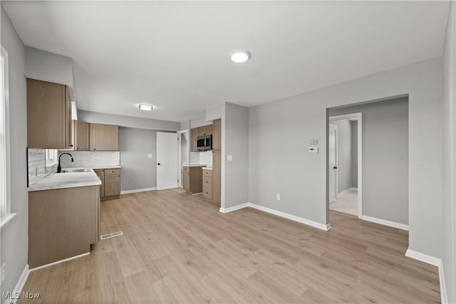 interior space with light hardwood / wood-style floors, sink, and decorative backsplash