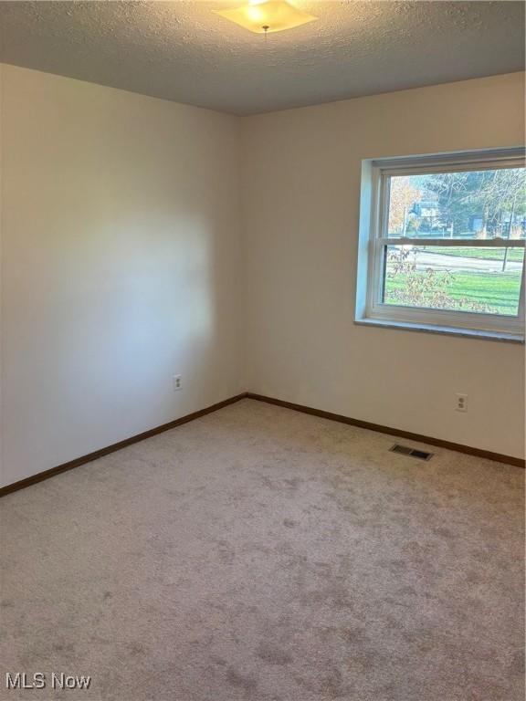 carpeted empty room featuring a textured ceiling