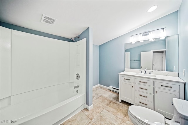 full bathroom featuring a baseboard radiator, vanity, toilet, bathing tub / shower combination, and tile patterned floors