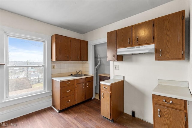 kitchen with sink, decorative backsplash, and dark hardwood / wood-style floors