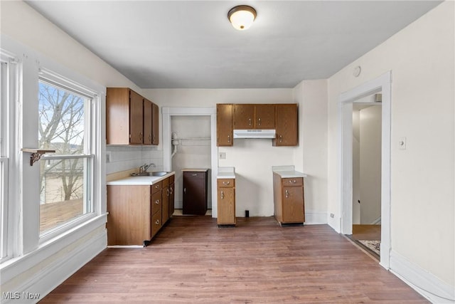 kitchen featuring tasteful backsplash, sink, and hardwood / wood-style floors