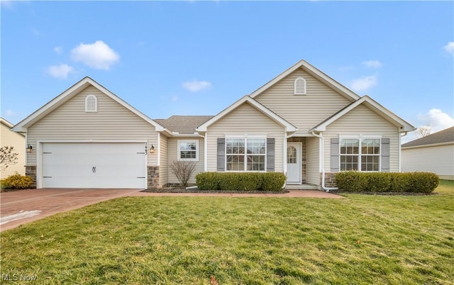 ranch-style house featuring a garage and a front yard