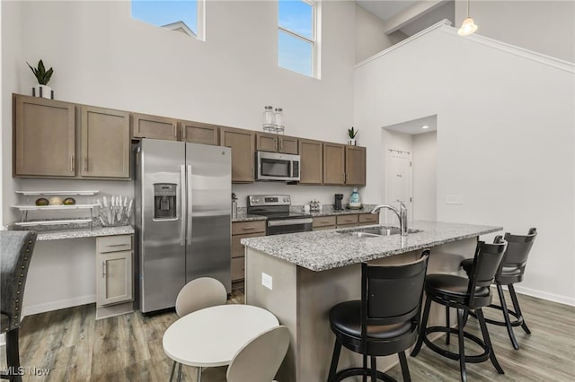 kitchen with dark wood-type flooring, sink, light stone counters, stainless steel appliances, and a kitchen island with sink