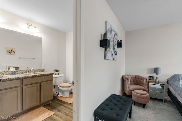 bathroom featuring vanity, wood-type flooring, and toilet