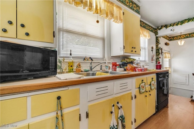 kitchen with backsplash, light hardwood / wood-style floors, sink, and black appliances