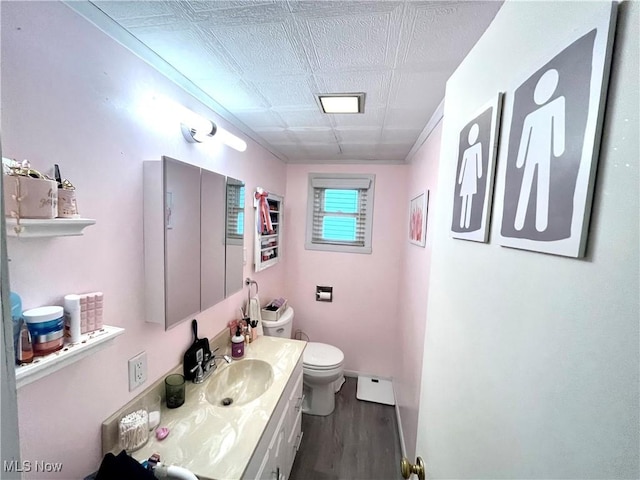 bathroom featuring hardwood / wood-style flooring, vanity, toilet, and a baseboard heating unit