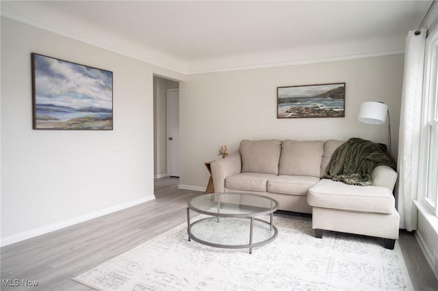 living room with hardwood / wood-style flooring and crown molding