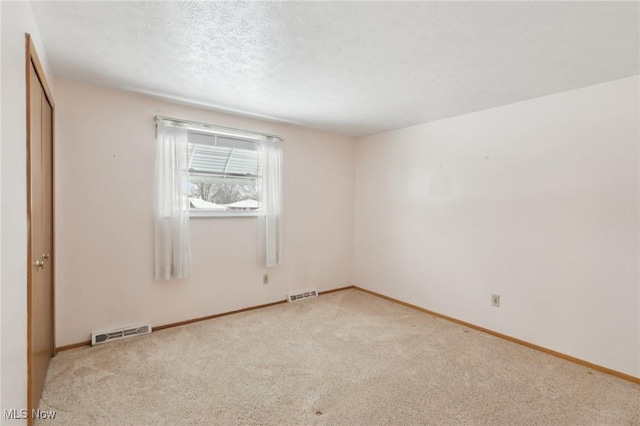 spare room with light colored carpet and a textured ceiling