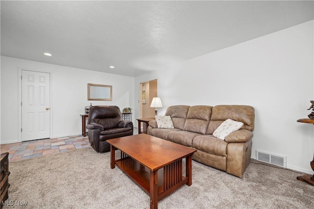 living room with light colored carpet