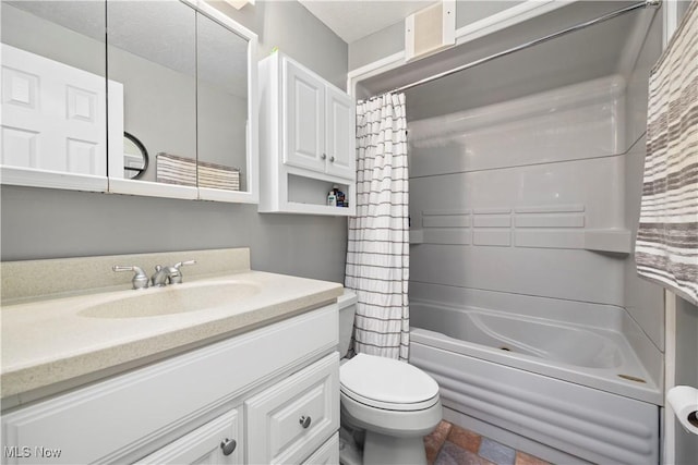 full bathroom featuring vanity, shower / bath combination with curtain, and toilet