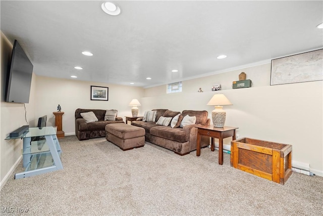 living room featuring light carpet