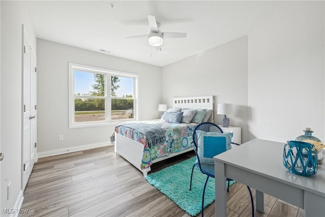 bedroom featuring ceiling fan and light wood-type flooring