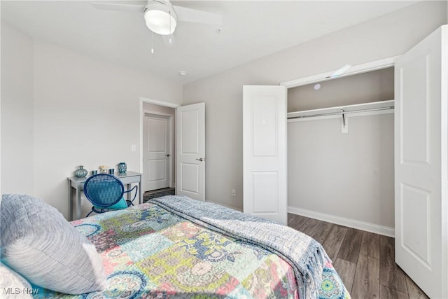 bedroom with ceiling fan, hardwood / wood-style floors, and a closet