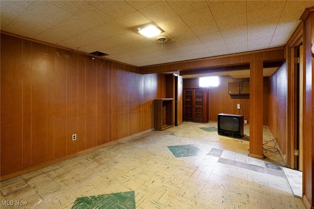 basement featuring wooden walls