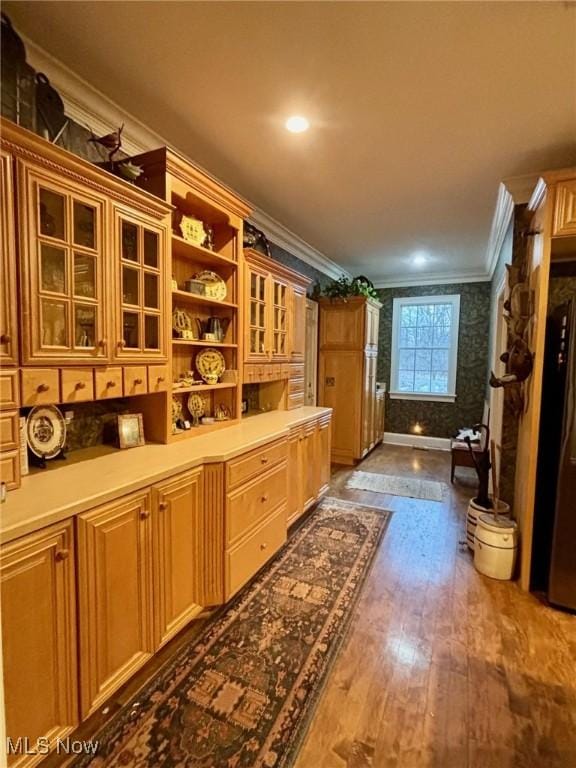 kitchen featuring crown molding and dark wood-type flooring