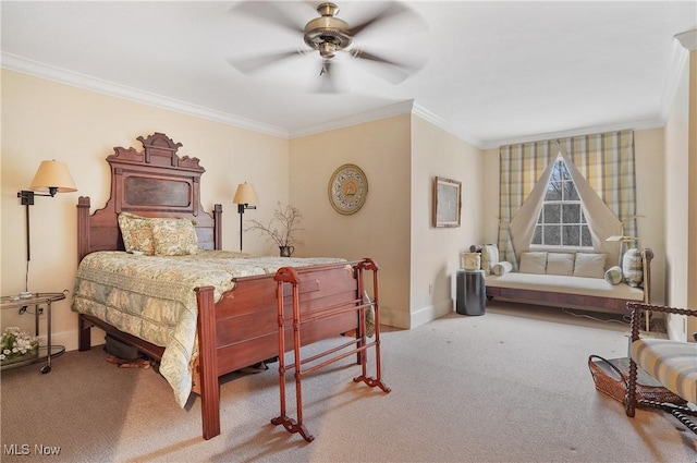 carpeted bedroom featuring crown molding and ceiling fan