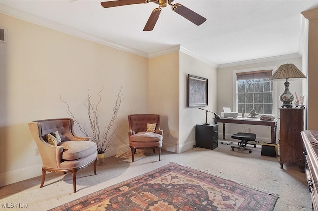 living area featuring crown molding and light carpet