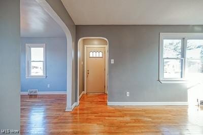 entryway with a healthy amount of sunlight and light hardwood / wood-style floors